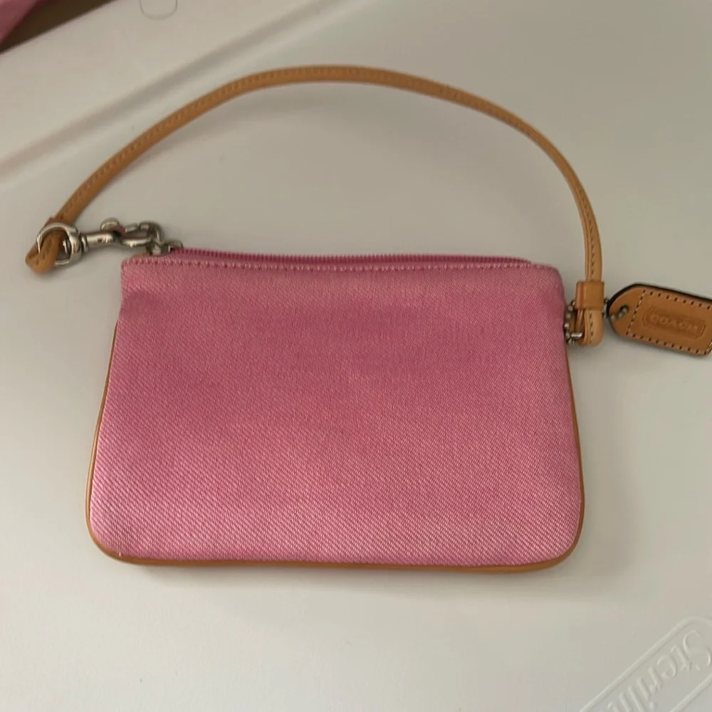 Coach Pink Coated Canvas Wristlet w Tan Leather Accents & Dog Dag - Picture 1 of 2